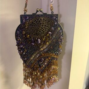 Vintage Style Beaded Evening Bag w/ Fringe – Purple & Bronze Statement Purse